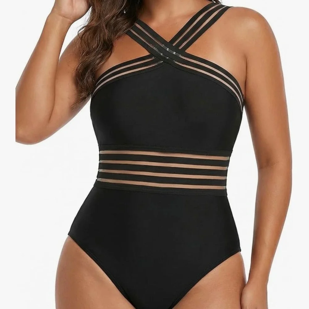 NWT Hilor Strappy Mesh Halter Cross Back One Piece Swimsuit L Black Sexy Minimal